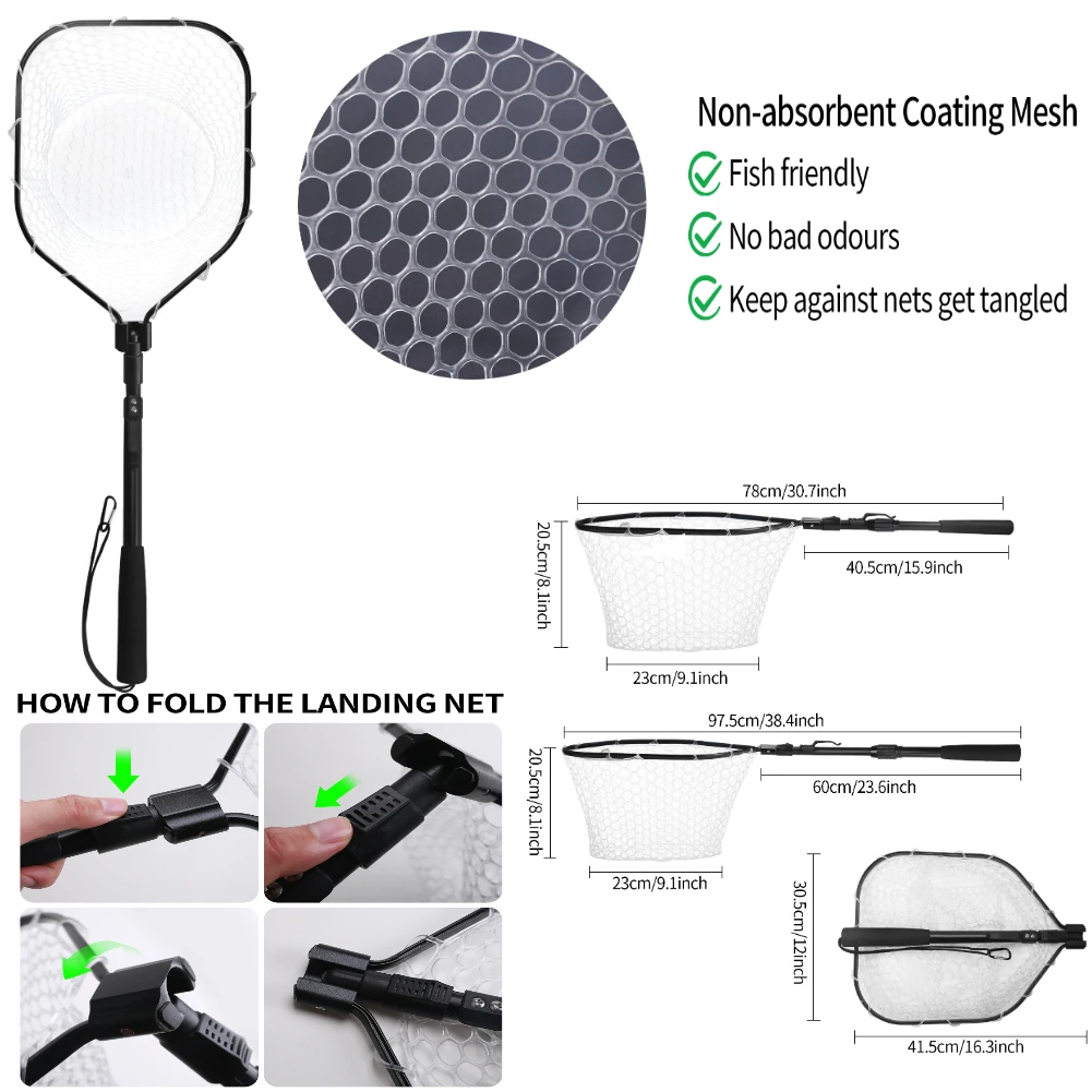Fishing Landing Net Aluminum Alloy Durable Telescoping Extend to 190cm/130cm/55cm Folding Mesh Safe Fish Catching Releasing
