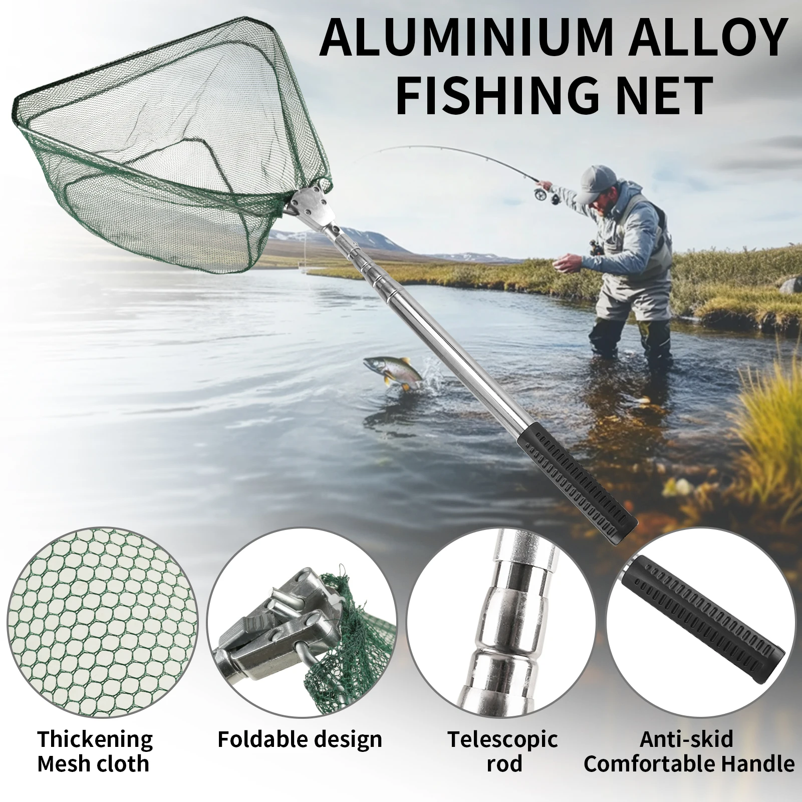 Fishing Landing Net Aluminum Alloy Durable Telescoping Extend to 190cm/130cm/55cm Folding Mesh Safe Fish Catching Releasing