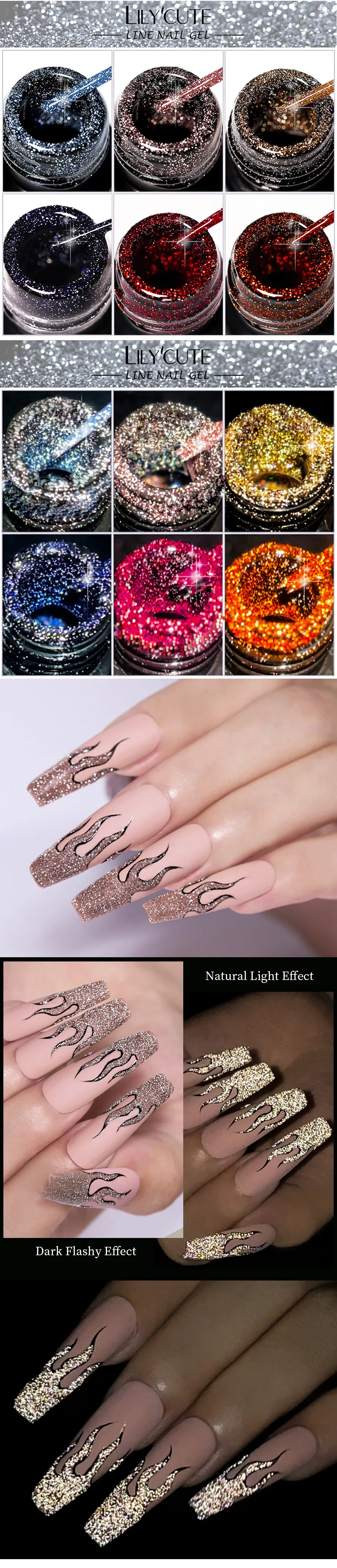 LILYCUTE 5ML Champagne Gold Reflective Glitter Liner Gel Nail Polish Bright Sparkling French Semi Permanent Nail Painting UV Gel