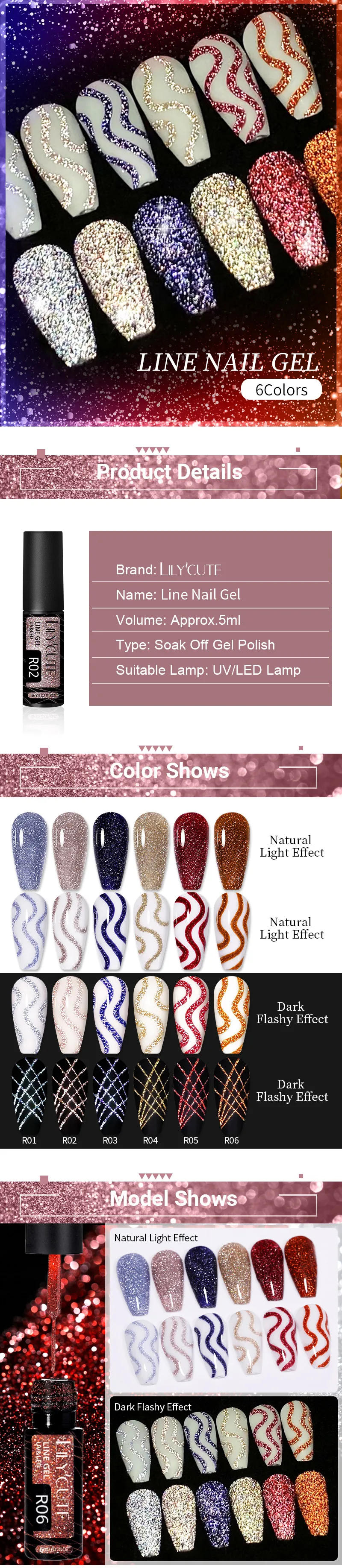 LILYCUTE 5ML Champagne Gold Reflective Glitter Liner Gel Nail Polish Bright Sparkling French Semi Permanent Nail Painting UV Gel