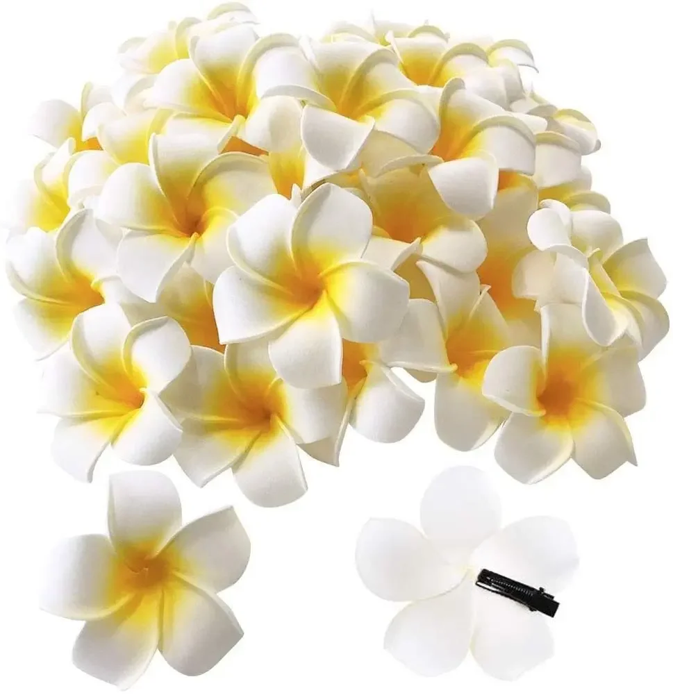 50Pcs 2.4" White Foam Hawaiian Frangipani Artificial Plumeria Flower Hat Hair Clips for Home  Party Beach Vacation Decoration