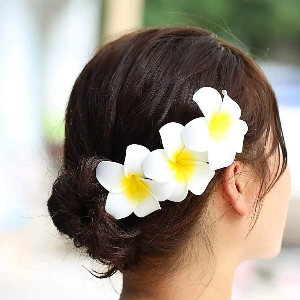 50Pcs 2.4" White Foam Hawaiian Frangipani Artificial Plumeria Flower Hat Hair Clips for Home  Party Beach Vacation Decoration
