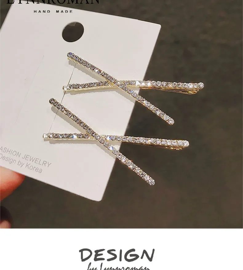 Korean Glitter Shiny Fahsion Bangs Hairpin Simple Cross Hair Side Clip Rhinestone Edge Clip Edge Girls Headwear Female Hairpins