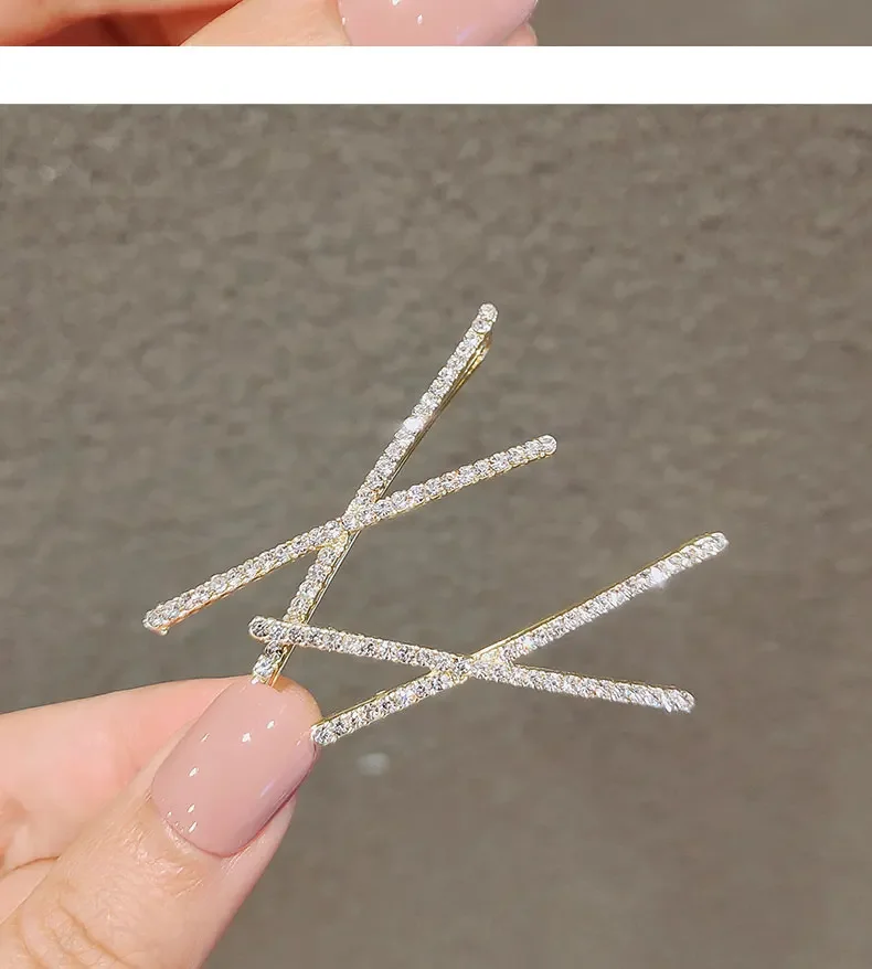 Korean Glitter Shiny Fahsion Bangs Hairpin Simple Cross Hair Side Clip Rhinestone Edge Clip Edge Girls Headwear Female Hairpins