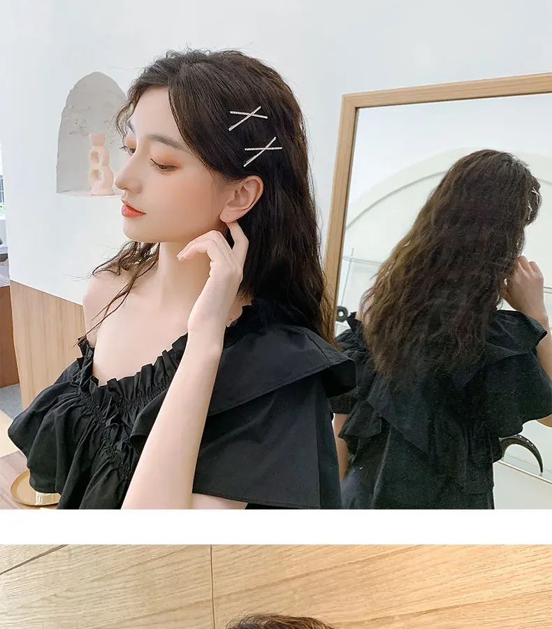 Korean Glitter Shiny Fahsion Bangs Hairpin Simple Cross Hair Side Clip Rhinestone Edge Clip Edge Girls Headwear Female Hairpins