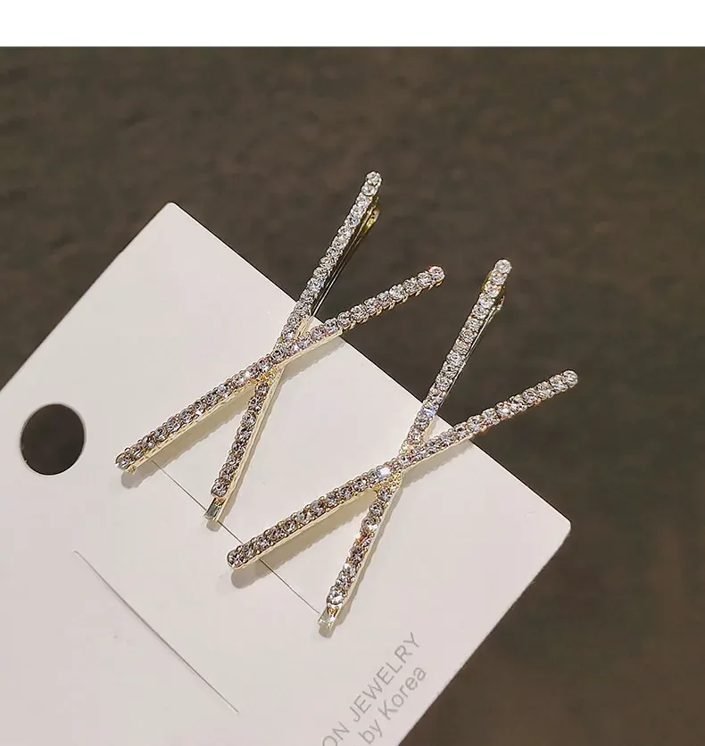 Korean Glitter Shiny Fahsion Bangs Hairpin Simple Cross Hair Side Clip Rhinestone Edge Clip Edge Girls Headwear Female Hairpins