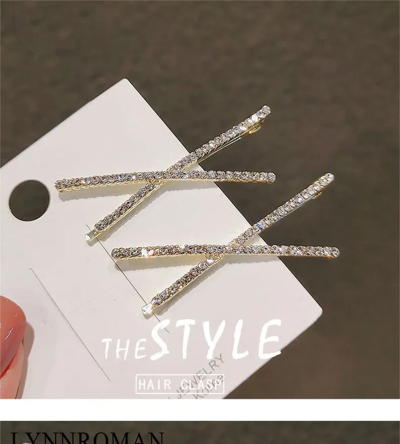 Korean Glitter Shiny Fahsion Bangs Hairpin Simple Cross Hair Side Clip Rhinestone Edge Clip Edge Girls Headwear Female Hairpins