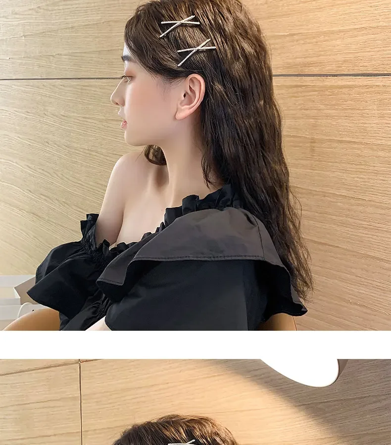 Korean Glitter Shiny Fahsion Bangs Hairpin Simple Cross Hair Side Clip Rhinestone Edge Clip Edge Girls Headwear Female Hairpins