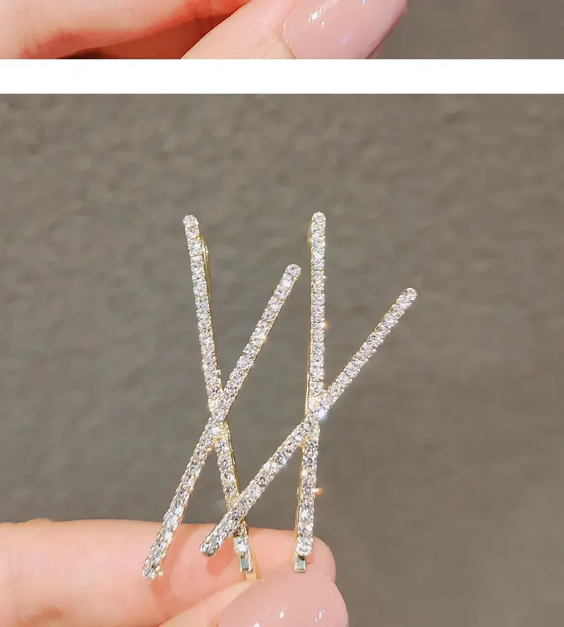 Korean Glitter Shiny Fahsion Bangs Hairpin Simple Cross Hair Side Clip Rhinestone Edge Clip Edge Girls Headwear Female Hairpins