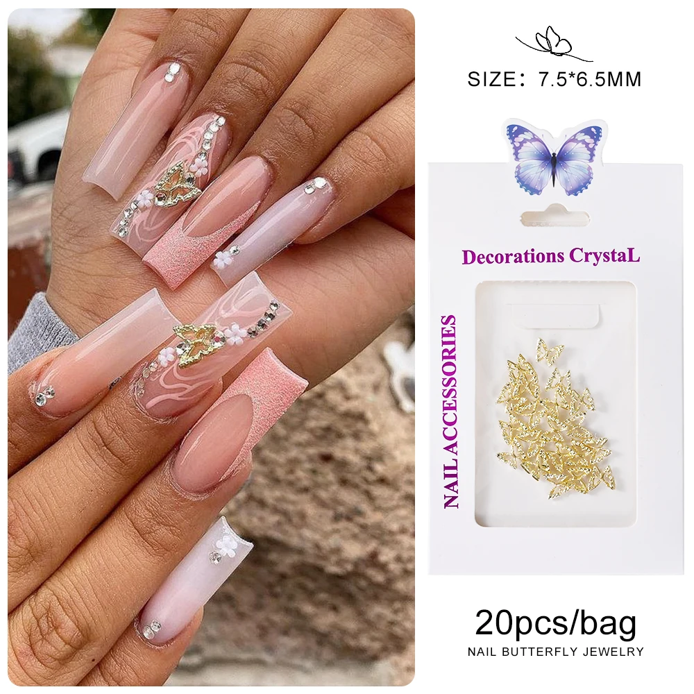 20pcs 3D Exquisite Hollow Butterfly Rhinestones Nail Charms Luxury Gold/Silver Diamond Wings Jewelry Nail Decoration Accessories