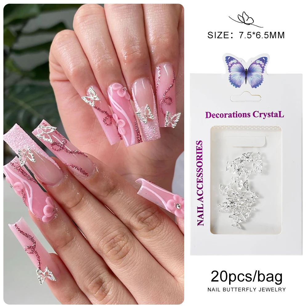 20pcs 3D Exquisite Hollow Butterfly Rhinestones Nail Charms Luxury Gold/Silver Diamond Wings Jewelry Nail Decoration Accessories