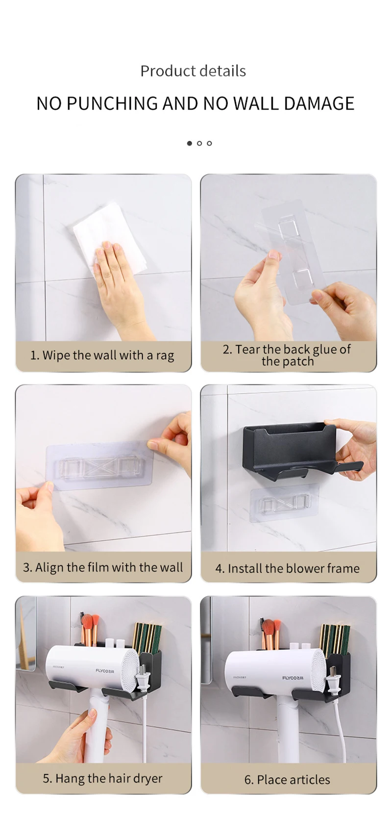 Hair Dryer Holder Wall Mounted Wall Dryer Cradle White Black Grey Hairdryer Blow Dryer Organizer for Bathroom Bathroom Shelves
