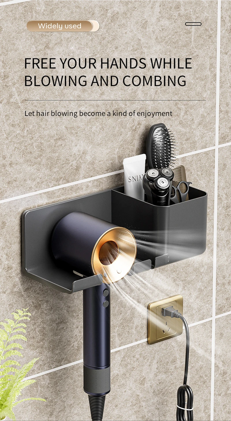 Hair Dryer Holder Wall Mounted Wall Dryer Cradle White Black Grey Hairdryer Blow Dryer Organizer for Bathroom Bathroom Shelves
