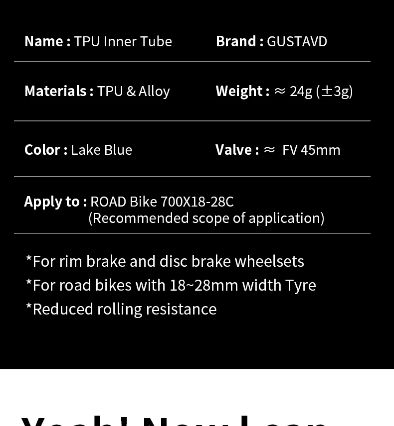 GUSTAVO Ultralight TPU Tubes Road Bike Inner Tube Valve 45MM 65MM 85MM 700X18-28C 24g