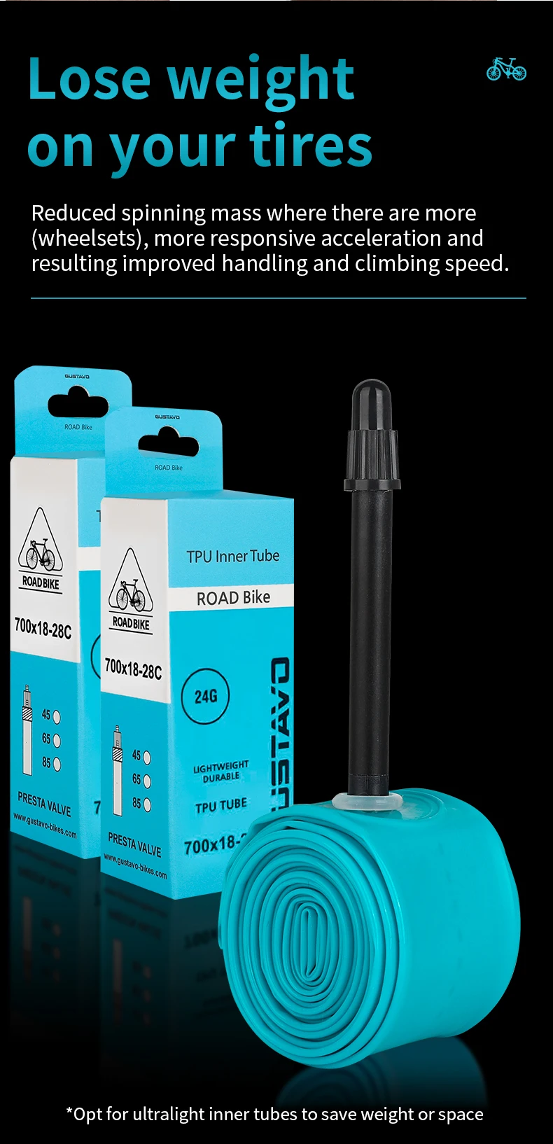 GUSTAVO Ultralight TPU Tubes Road Bike Inner Tube Valve 45MM 65MM 85MM 700X18-28C 24g