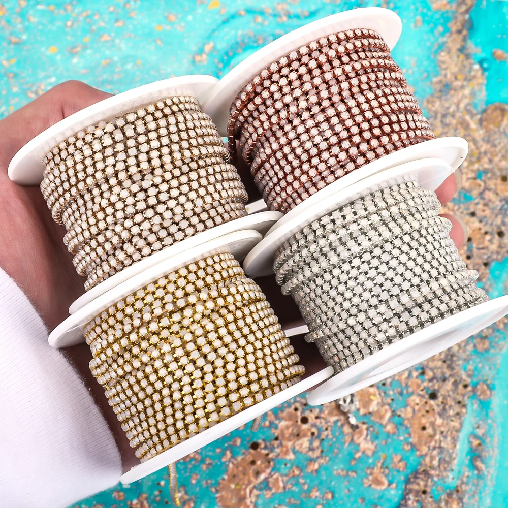 VC SS6 Porcelain Opal Gold Glass Rhinestone Cup Chain Glitter Crystal Rhinestone Trim For DIY Wedding Dress Decoration