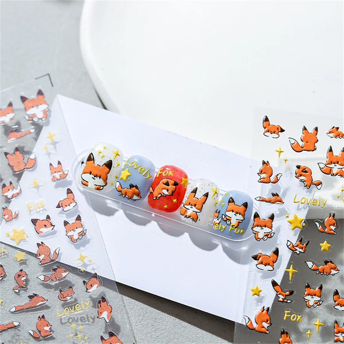 1pcs 5D Kawaii Relief Cartoon Fox Nail Art Stickers Kawaii Star Animals Acrylic Backglue Nail Decorations Decals Accessories DIY