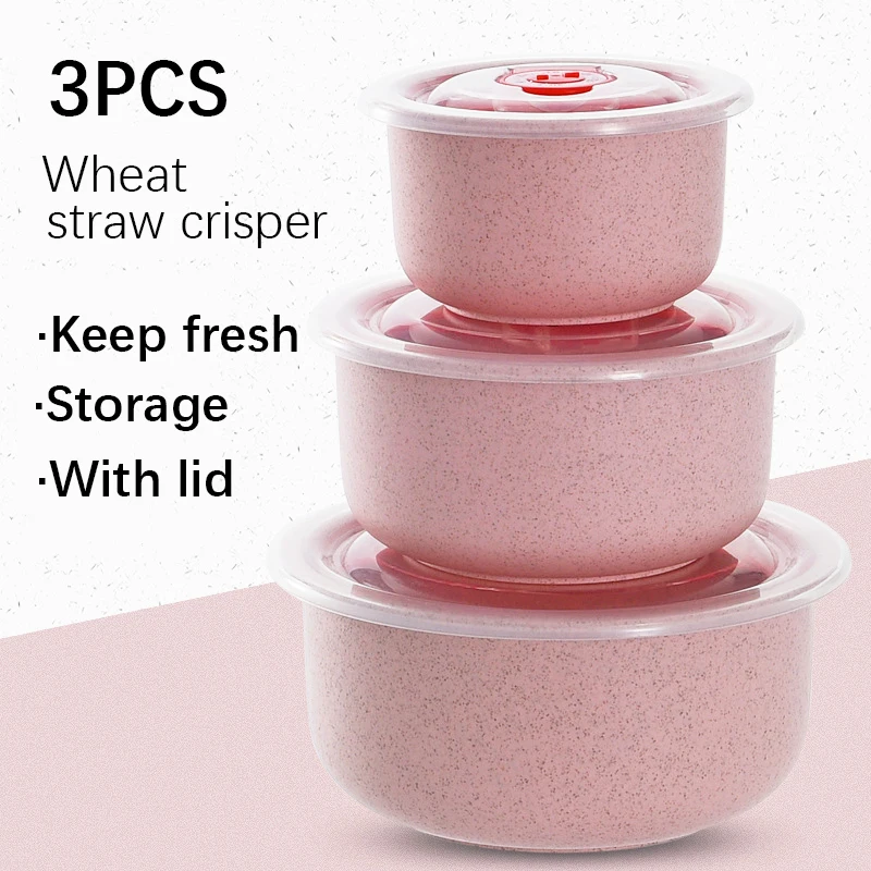 3pcs Wheat Straw Fresh-Keeping Bowl Three-Piece Set with Lid for Home Microwaveable Plastic Round Lunch Box