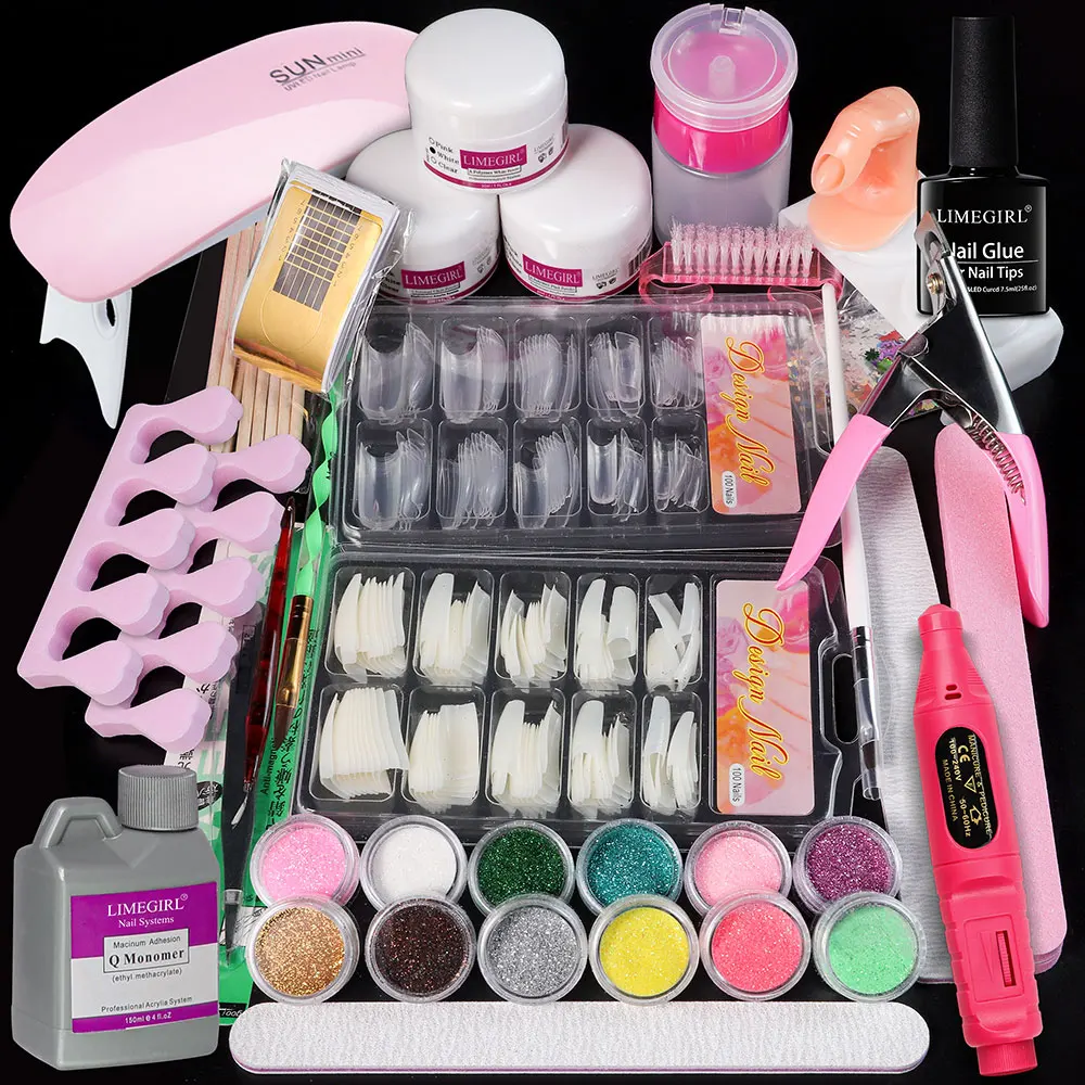 Full Acrylic Powder Set, 15ml Gel Manicure Kit With And 6W LED Light For Nail Extension DIY Complete Starter Kit