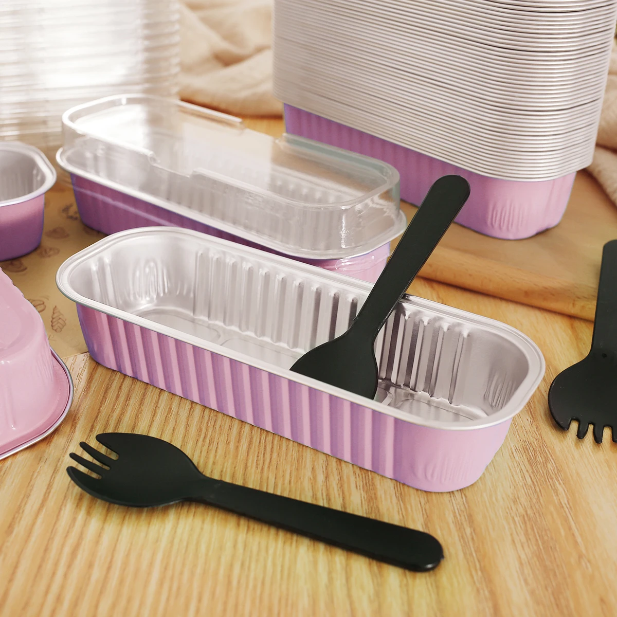 50Set Mini Loaf Pans with Lids and Spoons 6.8oz Rectangle Aluminum Foil Baking Pan Mini Bread Container Heat-Resistant Cake Pans