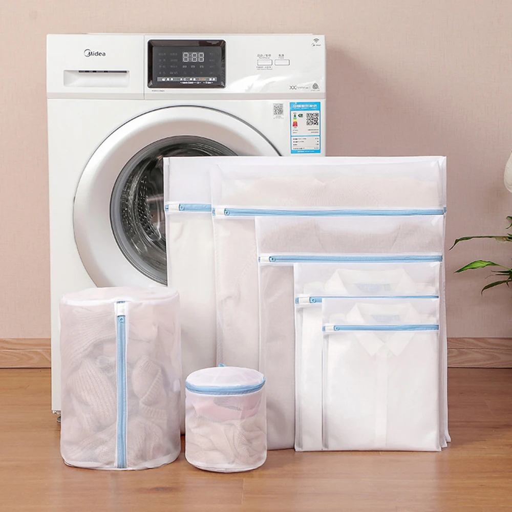 7pcs Laundry Bags Clothes Protect Bags For Washing Machine Travel Dirty Clothing Organize Laundry Basket Blue Zipper Washing Bag