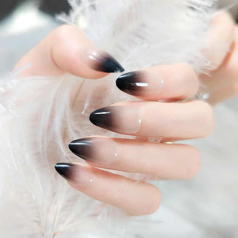 24pcs Gradient Black Pointed Nail Art Fake Nails Press On Nail Tips Artificial Nails Wearable Long Almond False Nails Finished