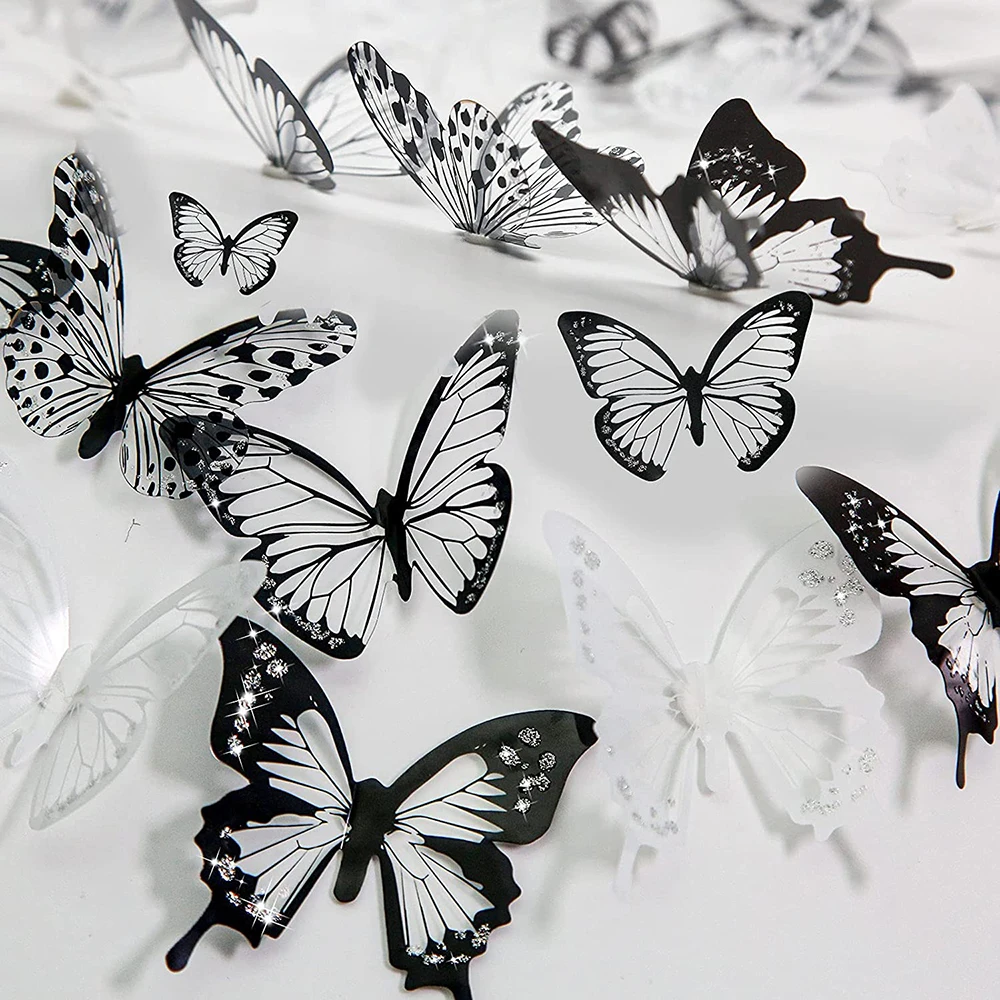 18Pcs Black White Butterfly Wall Stickers Decor 3D Removable Glitter Butterflies Home Decoration Wedding Living Room Ornaments