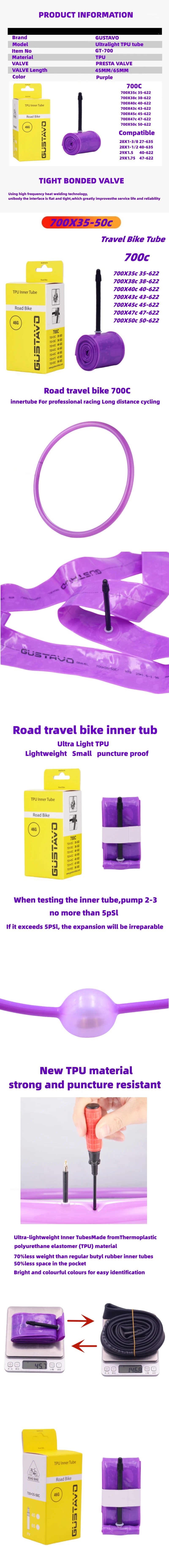 GUSTAVO Gravel Road Bike Inner Tube 700X35/50c TPU Material Tire 45mm 65mm Length French Valve