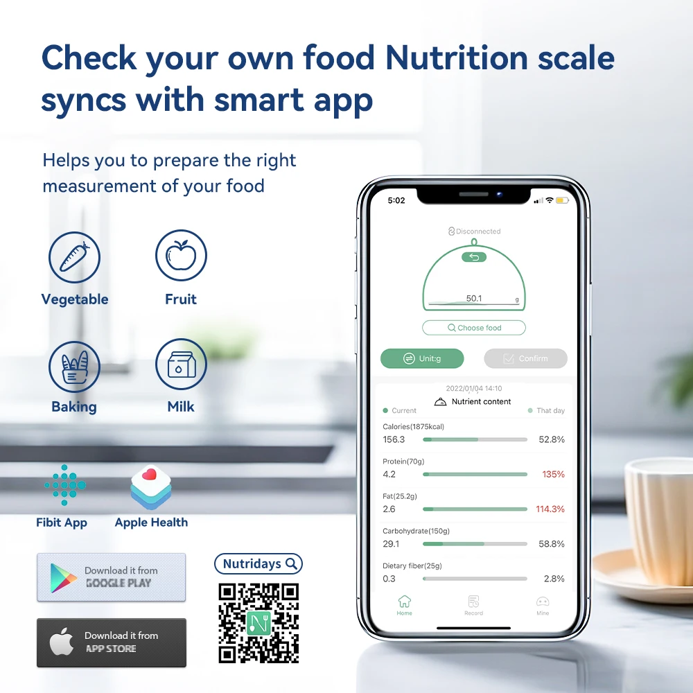 5kg/0.1g/1g Smart Kitchen Scales Nutrition Scale Smart Food Calories Scale Cook Bake Digital Scale with Nutrition Calculator APP