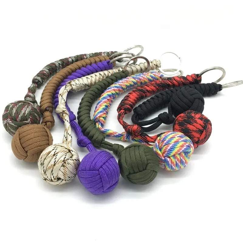 1pc Monkey Fist Steel Ball Self Defense Lanyard Survival Key Chain Broken Window Umbrella Rope Braided Chain Outdoor Safety Prot