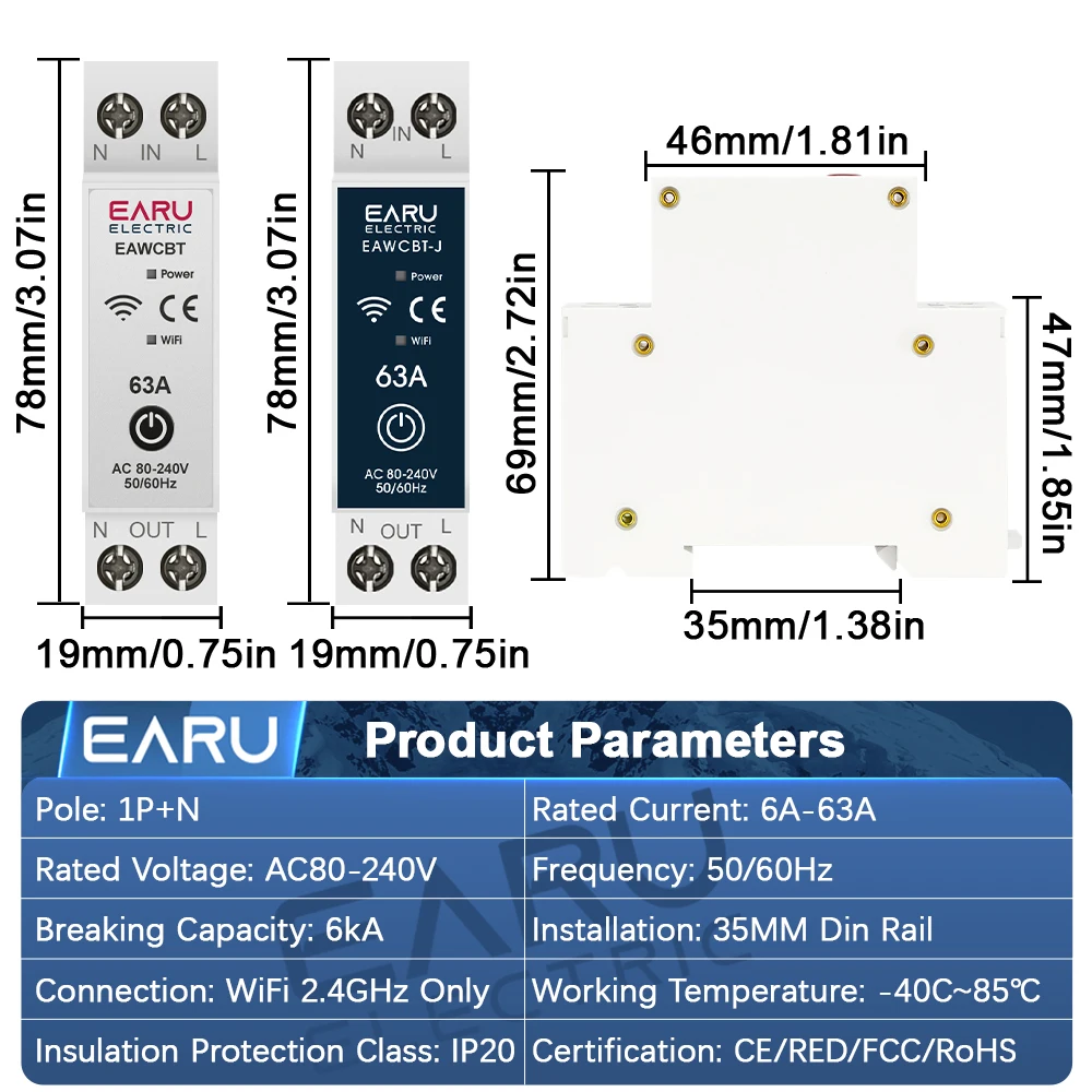EARU Tuya MCB WiFi Smart Circuit Breaker 6-63A Time Relay Energy KWh Voltage Current Meter Protector Voice Remote Control Switch