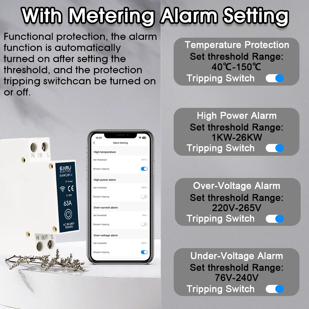EARU Tuya MCB WiFi Smart Circuit Breaker 6-63A Time Relay Energy KWh Voltage Current Meter Protector Voice Remote Control Switch