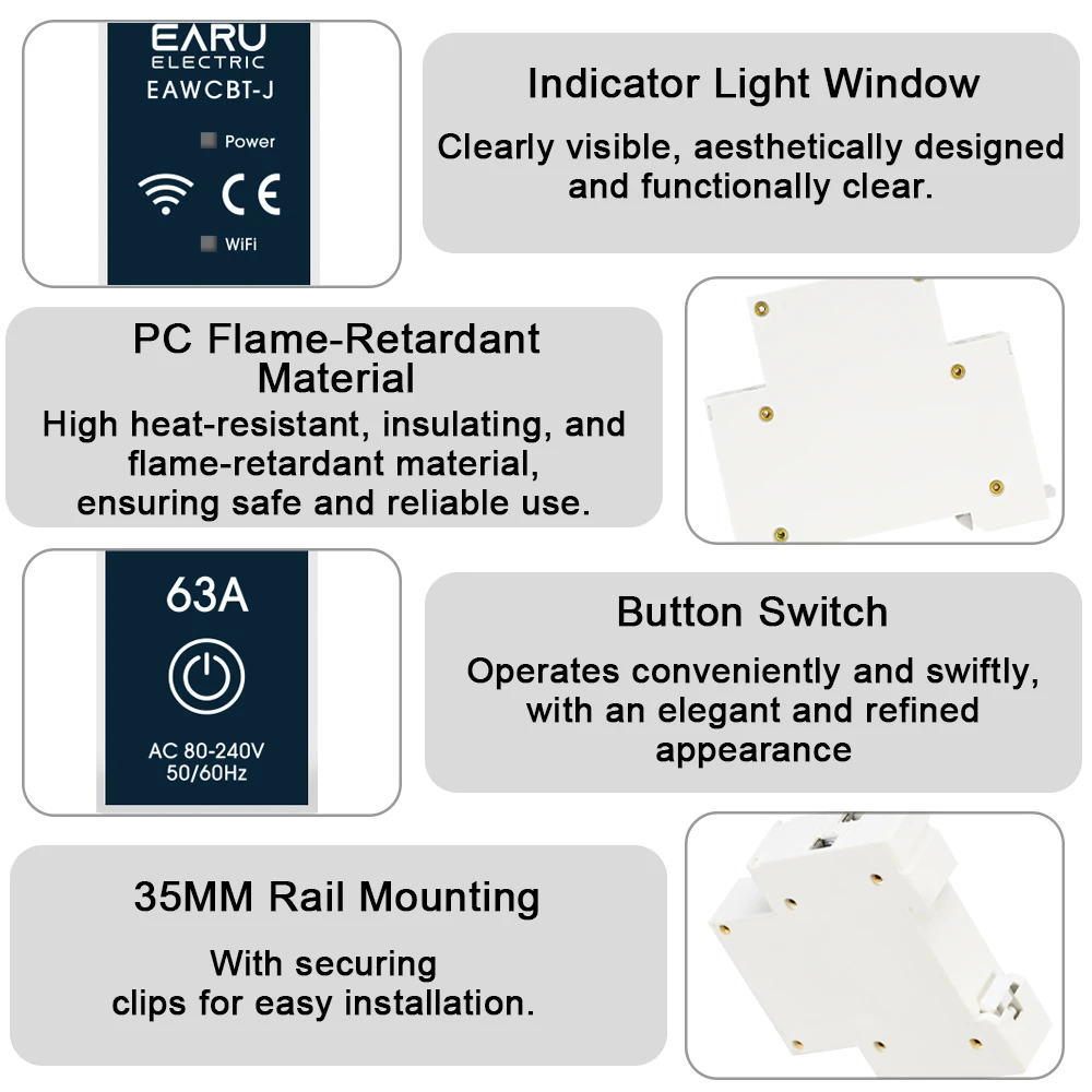 EARU Tuya MCB WiFi Smart Circuit Breaker 6-63A Time Relay Energy KWh Voltage Current Meter Protector Voice Remote Control Switch