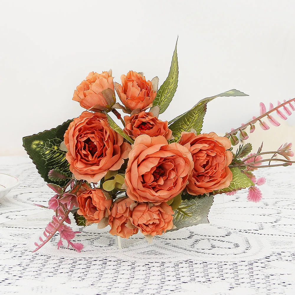 9 Heads Simulation Rose Fake Wedding Arch Silk Flower Home Decoration Artificial Home Living Room Table Decoration Fake Flower