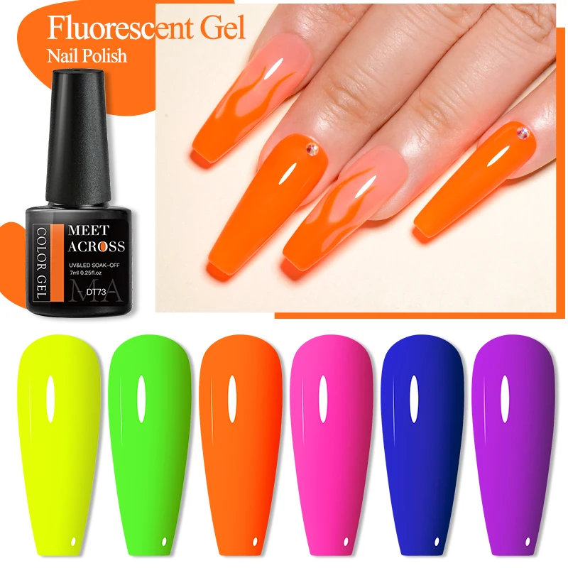MEET ACROSS 7ml Rose Red Fluorescent Gel Nail Polish Neon Sparky Semi Permanent Soak Off Nail Art UV LED Gel Varnish For Nails