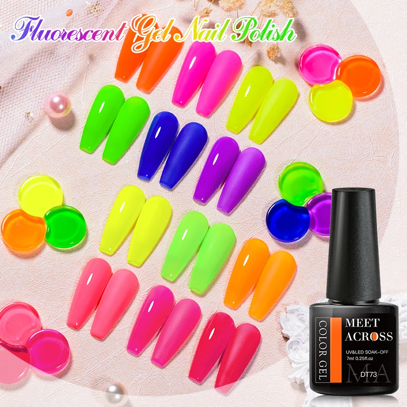 MEET ACROSS 7ml Rose Red Fluorescent Gel Nail Polish Neon Sparky Semi Permanent Soak Off Nail Art UV LED Gel Varnish For Nails