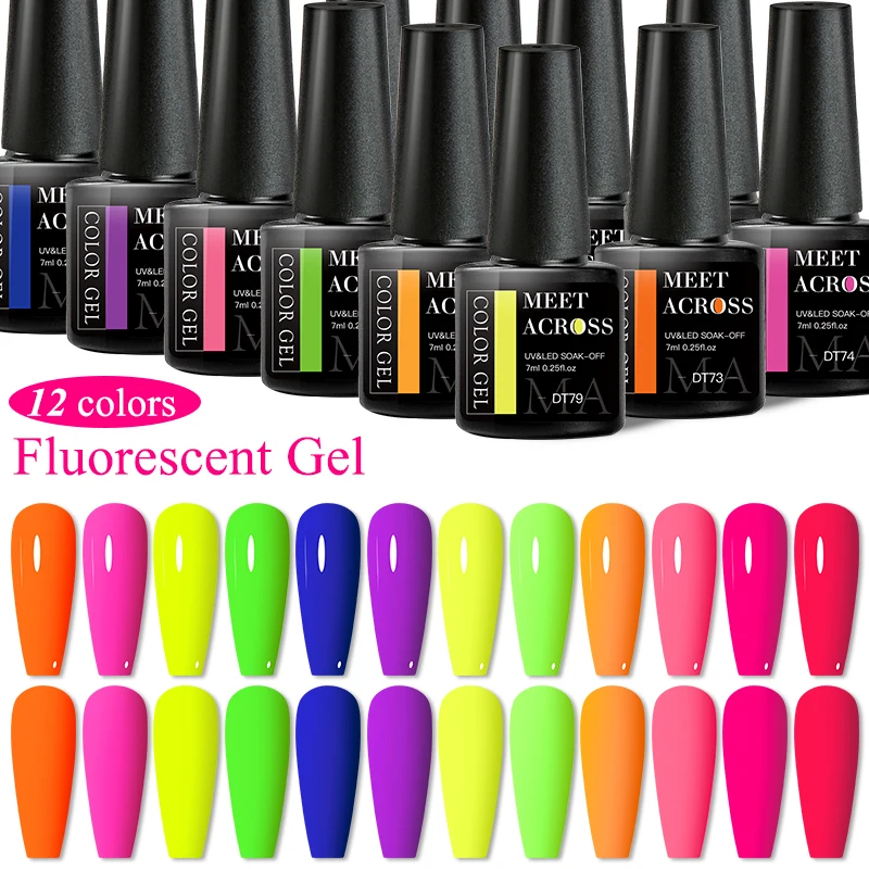 MEET ACROSS 7ml Rose Red Fluorescent Gel Nail Polish Neon Sparky Semi Permanent Soak Off Nail Art UV LED Gel Varnish For Nails