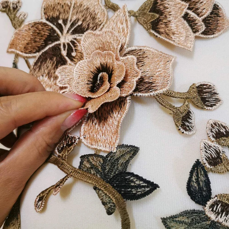 1 Set Brown Flower Embroidered Sew on Patches Repair
