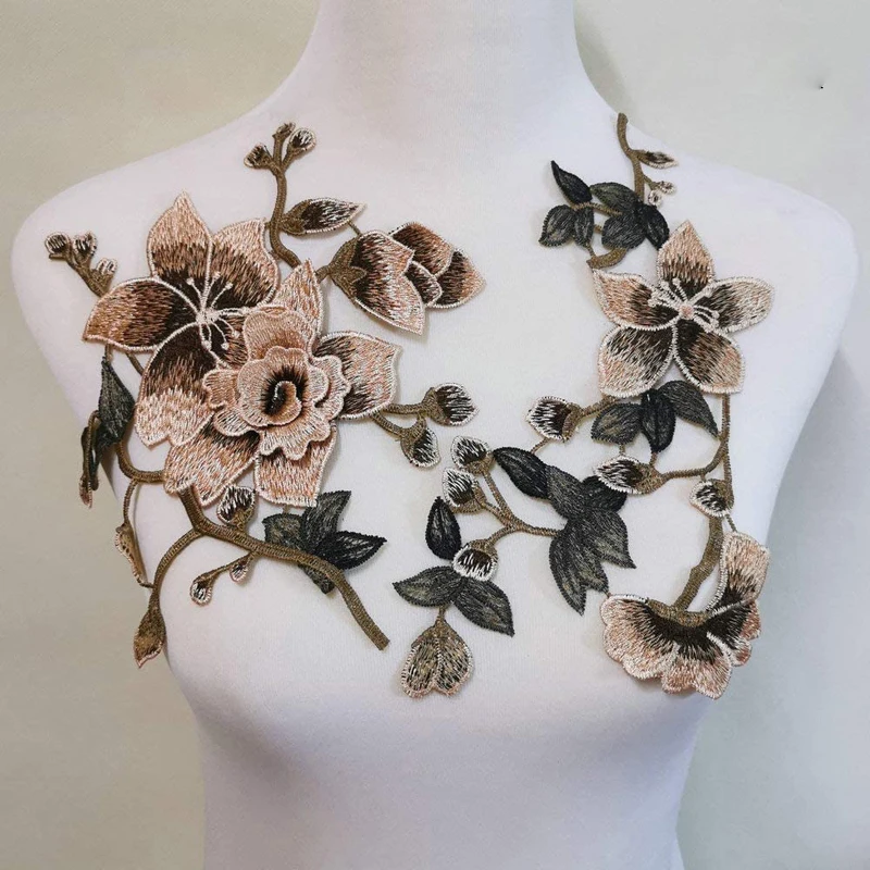1 Set Brown Flower Embroidered Sew on Patches Repair