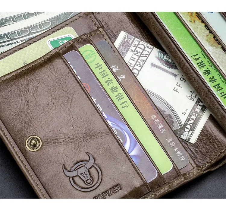 BULLCAPTAIN Men RFID Blocking Bifold Wallet Genuine Leather Card Holder Wallets with 15 Card Slots