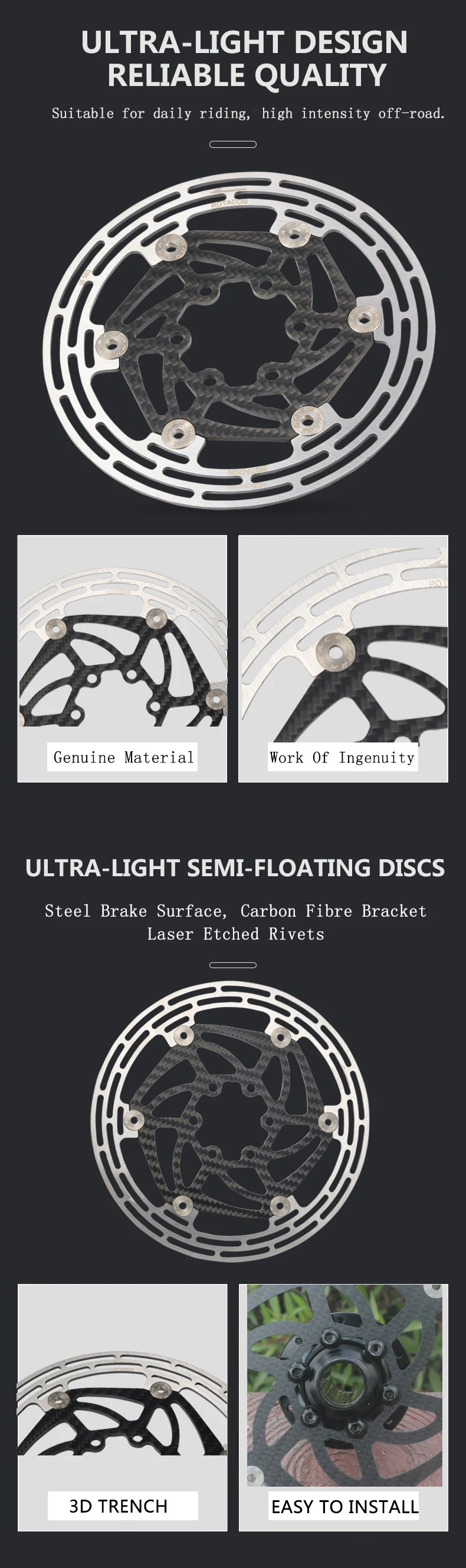 RACEWORK Carbon Fiber Bike Disc Brake Rotor MTB Road Bicycle Ultralight 6 Bolts Floating Rotor 140mm 160mm 180mm Brake Disc