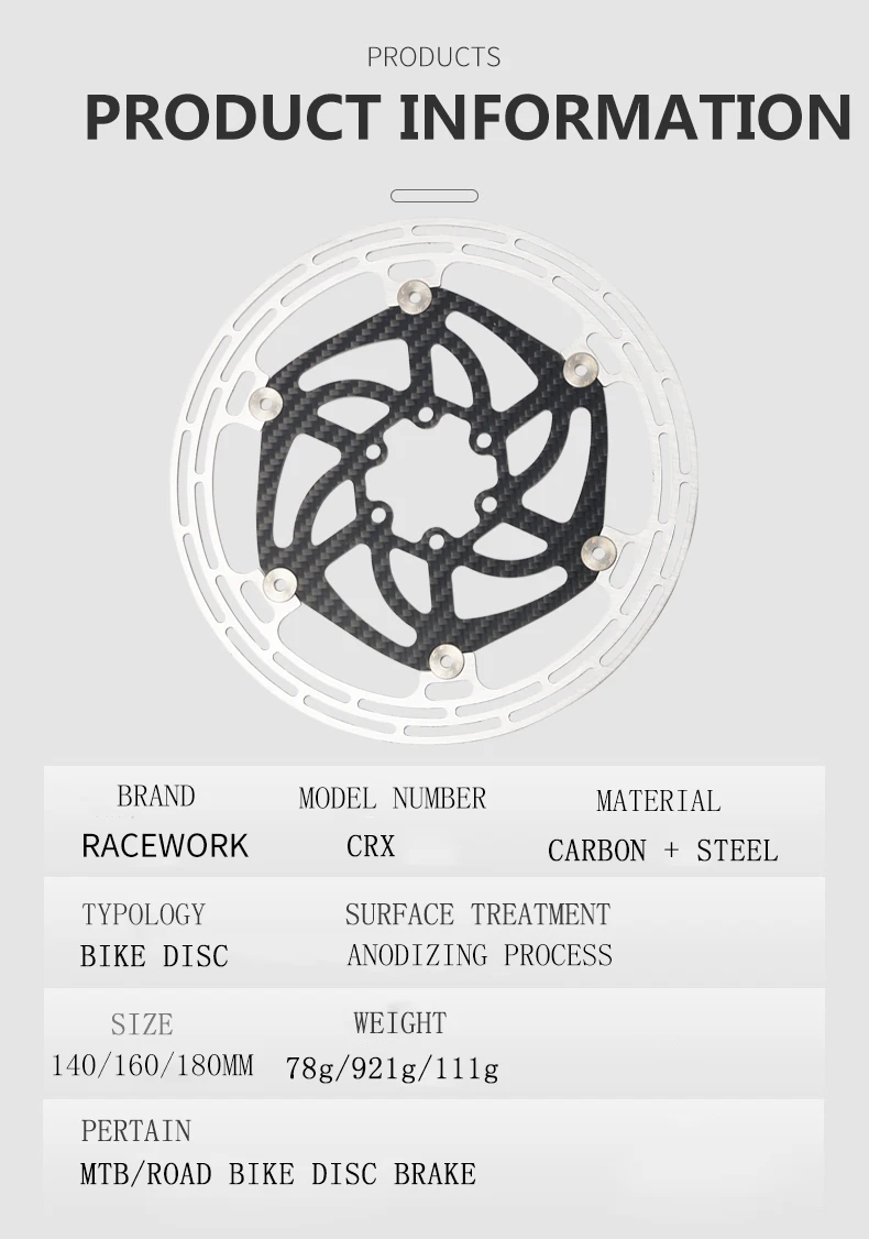 RACEWORK Carbon Fiber Bike Disc Brake Rotor MTB Road Bicycle Ultralight 6 Bolts Floating Rotor 140mm 160mm 180mm Brake Disc