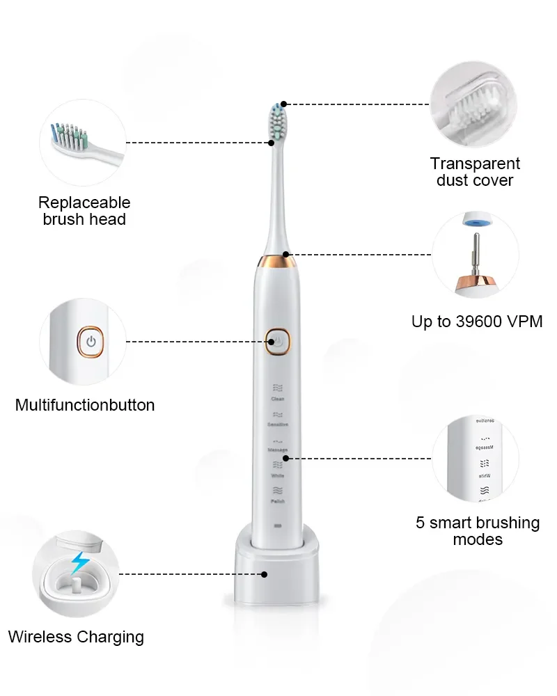 Sonic Electric Toothbrush Smart Ultrasonic Dental Teeth Whitening Rechargeable Adult Tooth Brush Sarmocare S100 With8 Brush Head