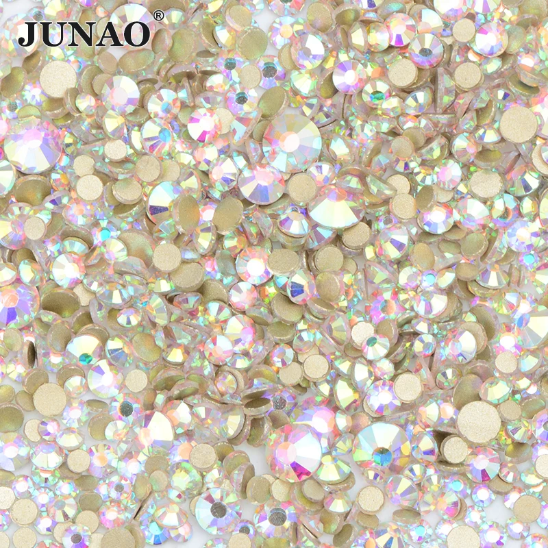 JUNAO 1400pcs Mix Size Mix AB Color Glass Rhinestone Flatback Crystal Stones Non Hotfix Strass Appliques For Nail Dress Crafts