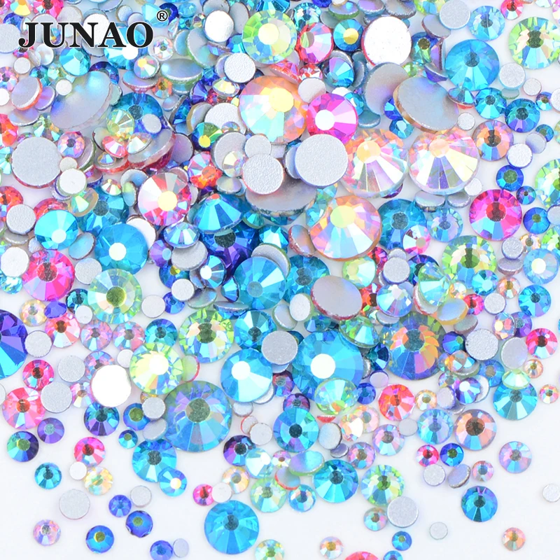 JUNAO 1400pcs Mix Size Mix AB Color Glass Rhinestone Flatback Crystal Stones Non Hotfix Strass Appliques For Nail Dress Crafts