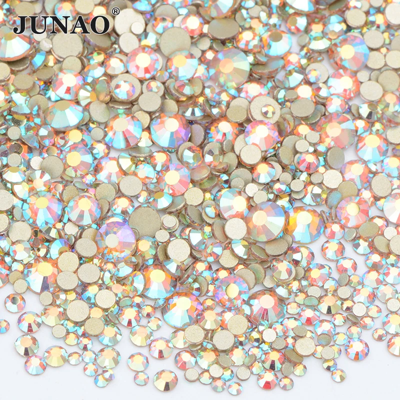 JUNAO 1400pcs Mix Size Mix AB Color Glass Rhinestone Flatback Crystal Stones Non Hotfix Strass Appliques For Nail Dress Crafts