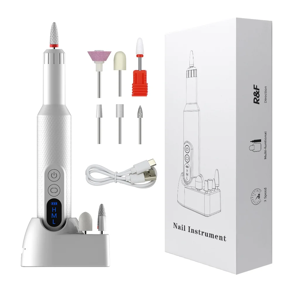 6in1 Wireless Nail Drill 15000RPM with LED Light and Screen Manicure Cutter Nail Repair Pedicure Milling Cutter Polisher Sander