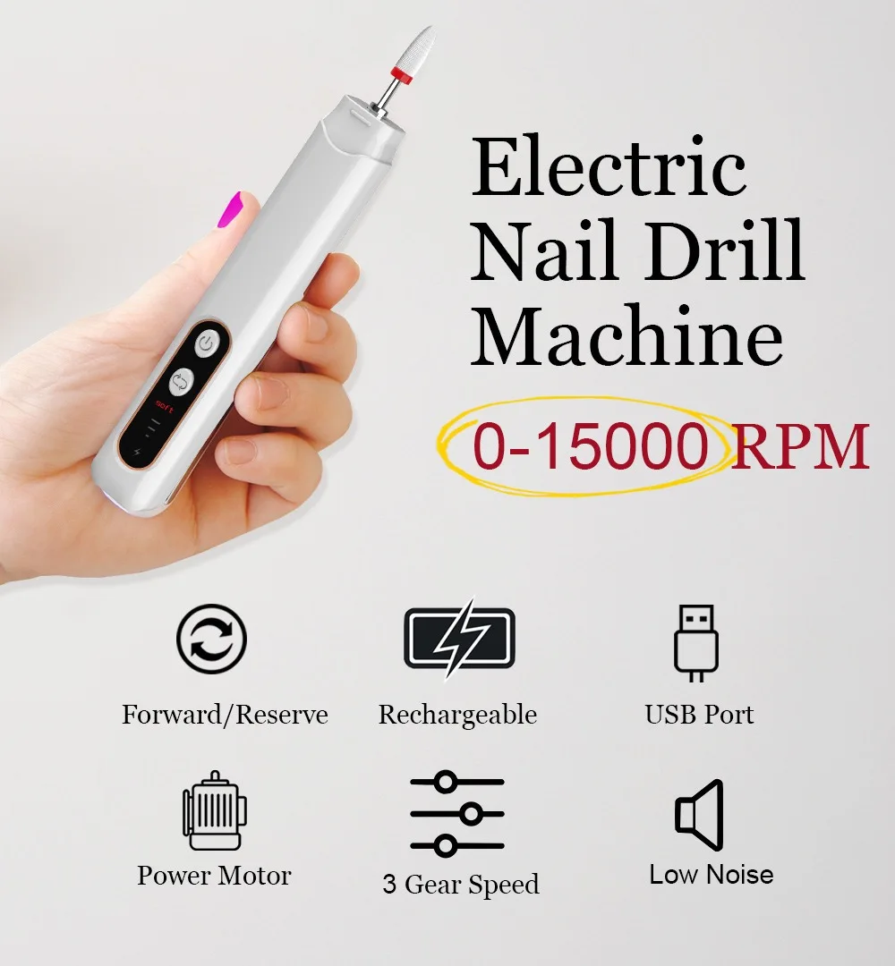 6in1 Wireless Nail Drill 15000RPM with LED Light and Screen Manicure Cutter Nail Repair Pedicure Milling Cutter Polisher Sander