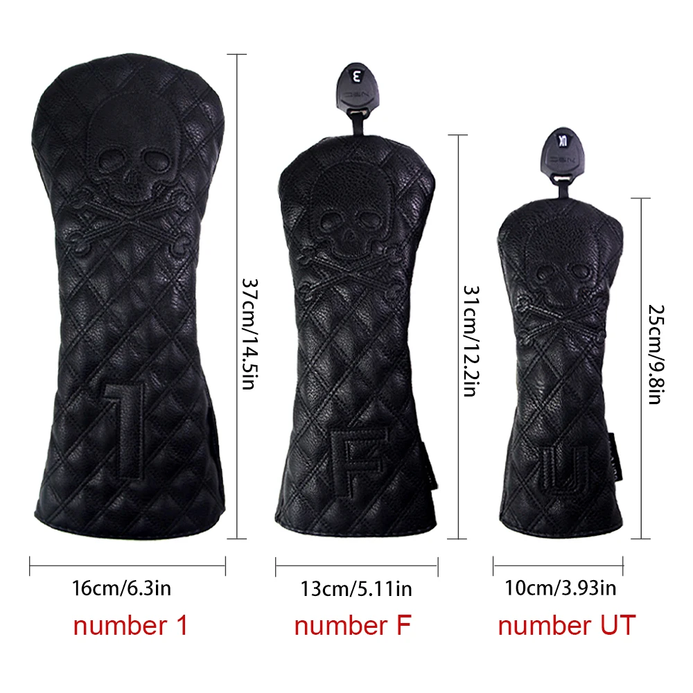 GLOOF Golf Skull Skeleton Head Cover Golf Club Black Leather cover set Fits Driver Fairway Wood Hybrid Golf supplies