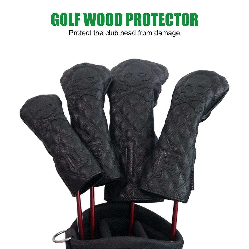 GLOOF Golf Skull Skeleton Head Cover Golf Club Black Leather cover set Fits Driver Fairway Wood Hybrid Golf supplies